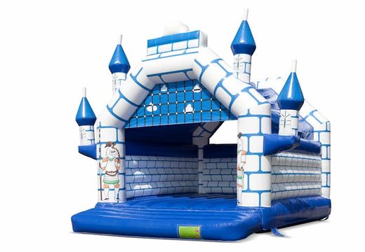 Groot overdekt blauw wit springkussen kopen in thema kasteel voor kinderen. Bestel springkussens online bij JB Inflatables Nederland