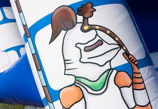 Groot overdekt blauw wit luchtkussen kopen in thema kasteel voor kinderen. Koop luchtkussens online bij JB Inflatables Nederland 