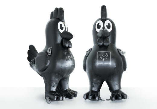 Poule en Poulette zwarte kip opblaasbare mascotte kopen. Bestel opblaasbare blow-ups nu online bij JB Inflatables Nederland 