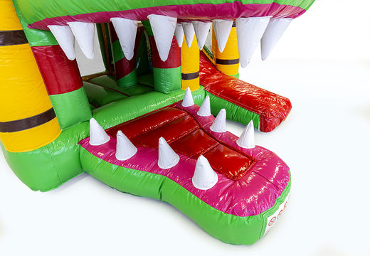 Klein opblaasbare springkussen met glijbaan in krokodil thema kopen voor kinderen. Bestel opblaasbare springkussens online bij JB Inflatables Nederland