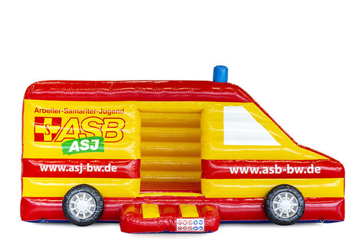 Opblaasbare maatwerk ASB- ziekenwagen springkussens bestellen bij JB Inflatables Nederland. Vraag nu gratis ontwerp aan voor opblaasbare luchtkussens met kleur en logo 