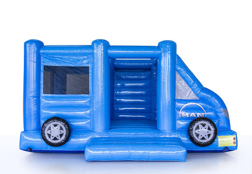 Koop maatwerk blauwe Man Truck en Bus bestelbus opblaasbare springkussen in verschillende soorten en maten. Promotionele springkastelen in alle soorten en maten razendsnel op maat gemaakt bij JB Promotions