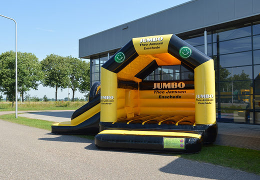 Maatwerk JUMBO multifun springkussen met glijbaan ideaal voor verschillende evenementen. Bestel op maat gemaakte luchtkussens bij JB Promotions Nederland