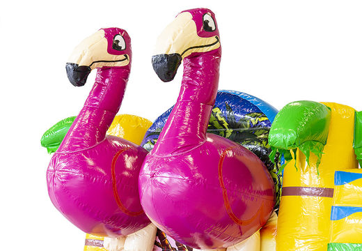 Maatwerk Multiplay springkussen Flamingo bestellen bij JB Promotions Nederland; specialist in opblaasbare reclame artikelen zoals maatwerk springkussens