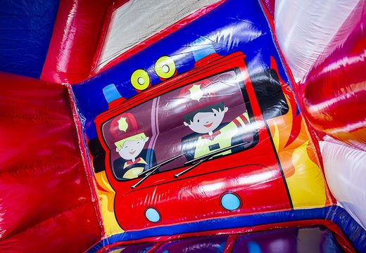 Midi overdekt multifun springkussen met glijbaan te koop in thema brandweer voor kinderen. Koop springkussens online bij JB Inflatables Nederland