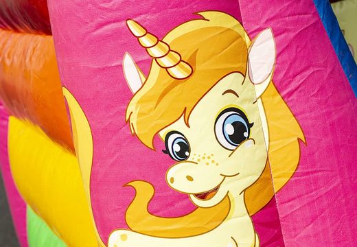 Klein overdekt springkussen te koop in thema unicorn voor kinderen. Bestel springkussens online bij JB Inflatables Nederland