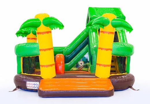 Funcity Jungle springkussen met aan de binnenkant een glijbaan, het 3D object op het springvlak en leuk jungle design bestellen voor kinderen. Koop springkussens online bij JB Inflatables Nederland