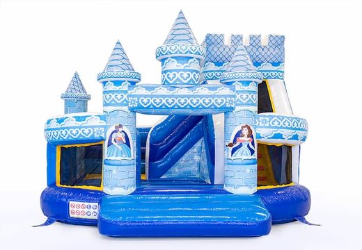Koop een blauw multifunctioneel Funcity prinses springkasteel met een glijbaan voor kinderen. Bestel springkastelen online bij JB Inflatables Nederland