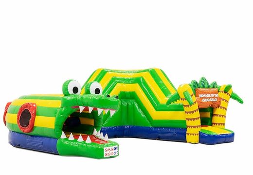 Bestel een krokodil kruiptunnel springkasteel met obstakals, een klimhelling en glijhelling voor kinderen. Koop springkussens online bij JB Inflatables Nederland