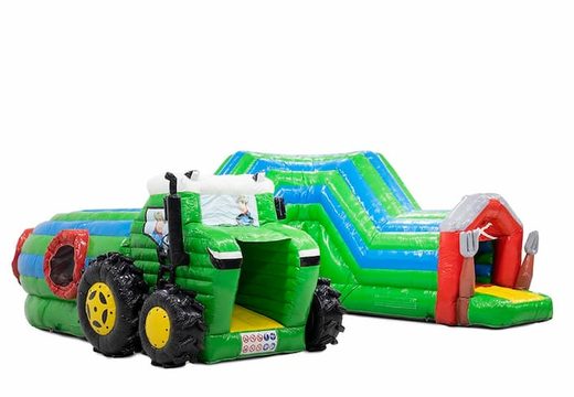 Kruiptunnel tractor springkussen met obstakals, een klimhelling en glijhelling voor kids bestellen. Koop springkussens online bij JB Inflatables Nederland