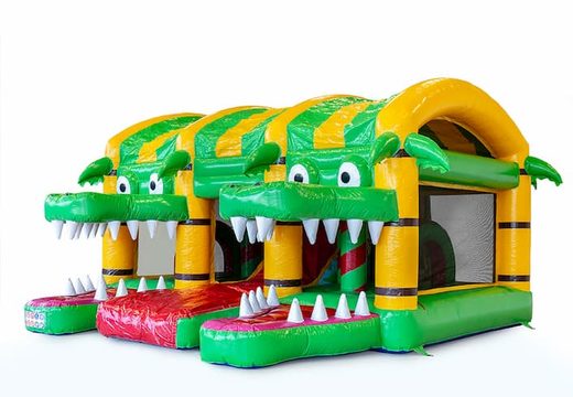 Overdekt multiplay krokodil springkussen in een uniek design, een glijbaan en 3D objecten kopen voor kinderen. Bestel springkussens online bij JB Inflatables Nederland