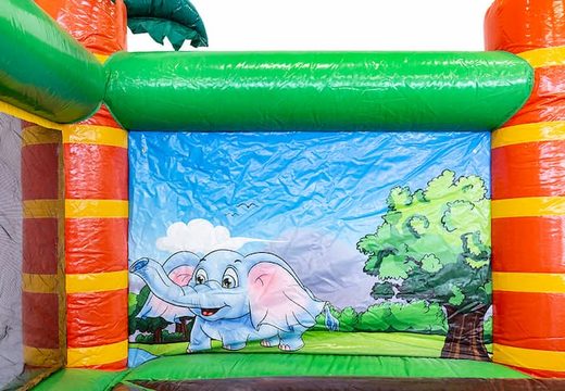 Groot opblaasbaar open springkussen met wanden kopen in thema oerwoud voor kinderen. Bestel springkussen online bij JB Inflatables Nederland 
