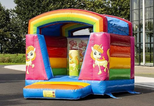 Klein springkussen overdekt kopen in thema unicorn voor kinderen. Koop springkussens online bij JB Inflatables Nederland