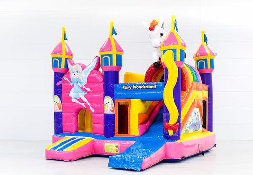 Multiplay Fairy Wonderland springkussen met een glijbaan en leuke objecten op het springvlak bestellen voor kinderen. Koop opblaasbare springkussens online bij JB Inflatables Nederland