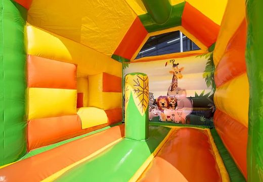 Midi overdekt multifun luchtkussen met glijbaan kopen in jungle thema voor kinderen. Bestel luchtkussens online bij JB Inflatables Nederland