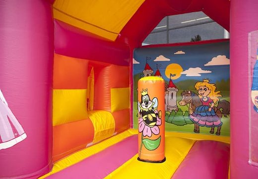 Midi overdekt multifun springkussen met glijbaan te koop in prinses thema in een kleuren combinatie van roze geel en oranje voor kinderen. Koop springkussens online bij JB Inflatables Nederland