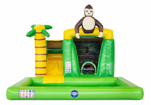 Koop opblaasbaar mini groen splash bounce springkussen in jungle thema met bovenop 3D object van een gorilla. Bestel springkussens online bij JB Inflatables Nederland 