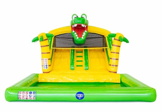 Splashy slide krokodil springkussen met koppelbare bad bestellen bij JB Inflatables Nederland. Koop springkussens online bij JB Inflatables Nederland