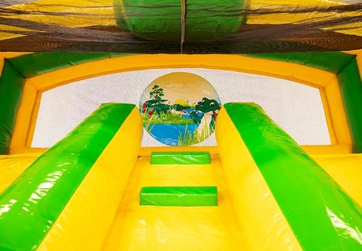 Opblaasbaar springkussen met dubbele glijbaan en waterbadje kopen in thema krokodil voor kinderen bij JB Inflatables. Bestel springkussens online bij JB Inflatables Nederland