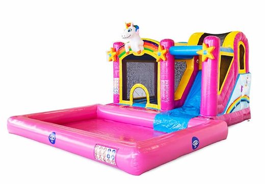 Opblaasbaar Jumpy Happy Splash roze springkussen met waterbad kopen in thema unicorn eenhoorn regenboog rainbow voor kinderen bij JB Inflatables