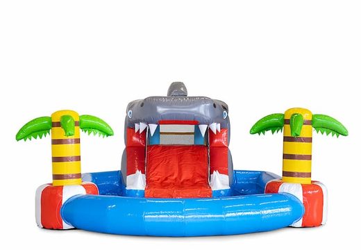 Minipark springkussen met waterglijbaan en zwembad in haai thema bestellen voor kids. Koop springkussens online bij JB Inflatables Nederland