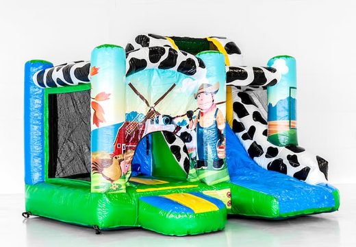Jumpy Happy Boerderij springkussen met een glijbaan bestellen voor kinderen. Koop opblaasbare springkussens online bij JB Inflatables Nederland