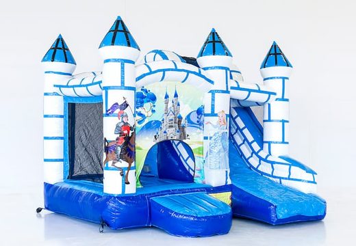 Blauw wit springkussen in thema kasteel kopen voor kinderen. Bestel opblaasbare springkussens online bij JB Inflatables Nederland