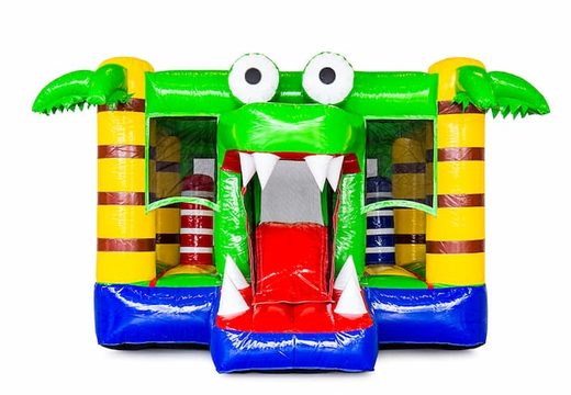 Klein opblaasbaar multiplay springkasteel met glijbaan in thema krokodil kopen voor kinderen. Bestel springkastelen online bij JB Inflatables Nederland