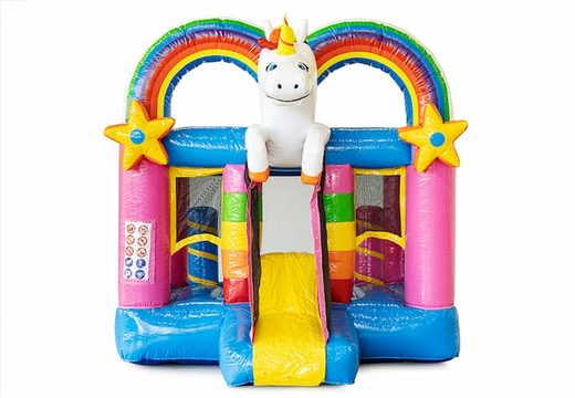 Mini opblaasbare springkussen met glijbaan in kleurrijke unicorn thema te koop voor kinderen. Bestel opblaasbare springkussens online bij JB Inflatables Nederland