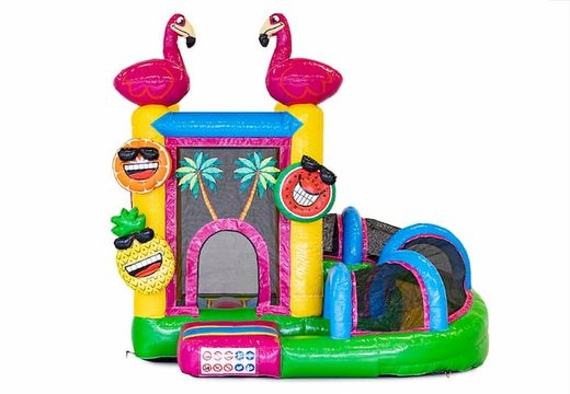 Mini met slide flamingo springkasteel bestellen voor kinderen. Koop opblaasbare springkastelen online bij JB Inflatables Nederland