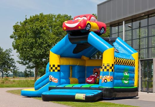 Multifun luchtkussen in thema auto met een opvallend 3D figuur op het dak kopen voor kids. Bestel luchtkussens online bij JB Inflatables Nederland