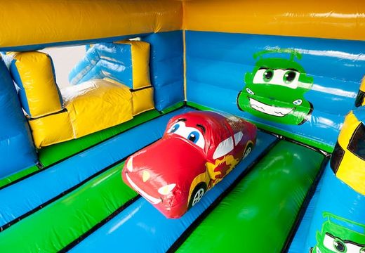 Multifun springkussen in thema  auto met een opvallend 3D figuur aan de bovenkant bestellen voor kids. Koop springkussens online bij JB Inflatables Nederland
