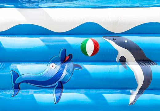 Overdekt multifun springkasteel met glijbaan in thema dolfijn met 3D object aan de bovenkant bestellen voor kinderen. Koop springkastelen online bij JB Inflatables Nederland