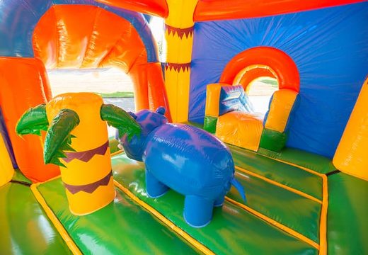 Opblaasbaar overdekt multifun super luchtkussen in de felle kleuren en leuke 3D figuren in nijlpaard thema voor kinderen kopen. Bestel luchtkussens online bij JB Inflatables Nederland