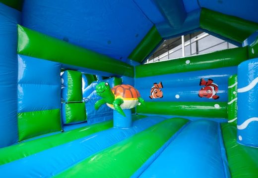 Multifun luchtkussen met een opvallend 3D turtle figuur aan de bovenkant en een glijbaan bestellen voor kids. Koop luchtkussens online bij JB Inflatables Nederland