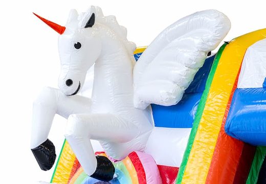 Koop mini opblaasbare multiplay springkussen in unicorn thema voor kinderen. Bestel opblaasbare springkussens online bij JB Inflatables Nederland