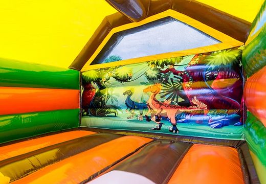 Opblaasbare slide combo luchtkussen met glijbaan te koop in dino thema voor kinderen. Bestel nu luchtkussens met groene dinosaurus bij JB Inflatables Nederland