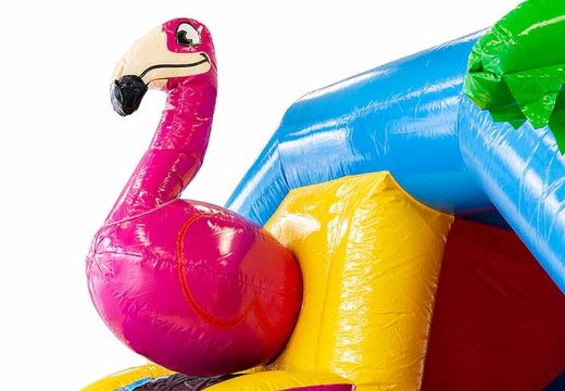 Opblaasbare slide combo springkasteel met glijbaan bestellen voor kinderen. Koop nu springkastelen in flamingo thema bij JB Inflatables Nederland