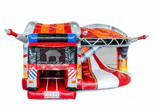 Springkasteel in brandweer thema met een glijbaan bestellen voor kinderen. Koop opblaasbare springkastelen online bij JB Inflatables Nederland