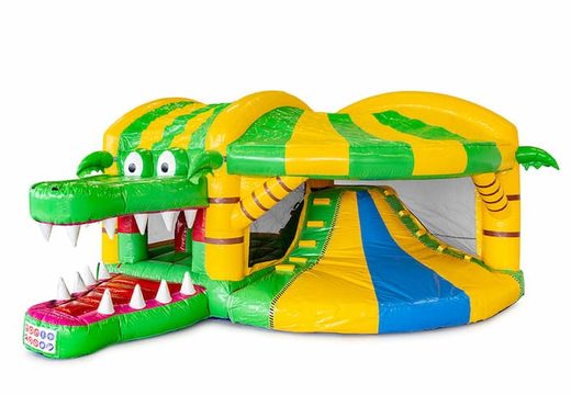 Opblaasbaar overdekt multiplay springkussen met glijbaan kopen in thema krokodil voor kinderen. Bestel opblaasbare springkussens online bij JB Inflatables Nederland