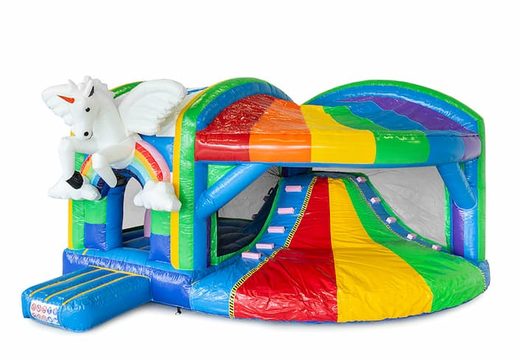 Opblaasbaar overdekt multiplay xl luchtkussen met glijbaan kopen in thema unicorn regenboog voor kinderen. Bestel opblaasbare luchtkussens online bij JB Inflatables Nederland
