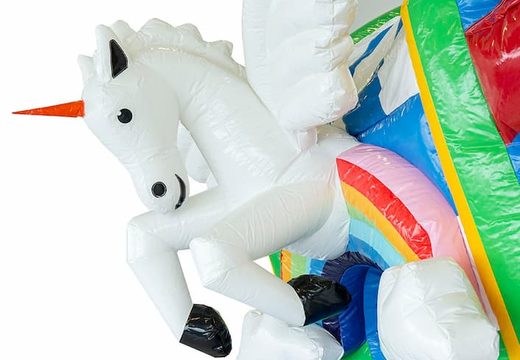 Multiplay unicorn springkussen met een glijbaan en met binnenin 3D objecten  bestellen voor kids. Koop opblaasbare springkussens online bij JB Inflatables Nederland