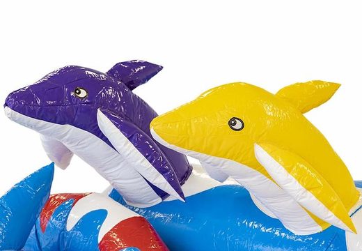 Bestel opblaasbaar springkussen in dolfijnen thema in het blauw voor kinderen