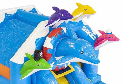 Opblaasbaar springkussen met glijbaan en met dolfijnen in meerdere kleuren te koop voor kinderen