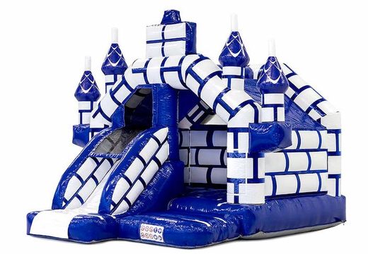 Slide combo opblaasbaar springkussen met glijbaan in kasteel thema met blauw en wit te koop voor kinderen