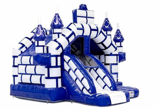 Slide combo opblaasbaar springkussen met glijbaan in kasteel thema met blauw en wit bestellen voor kinderen