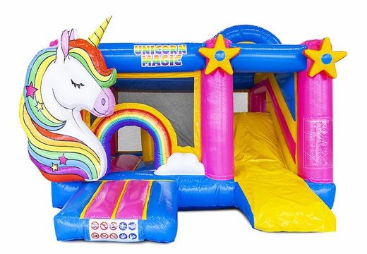 Opblaasbaar springkussen met glijbaan in unicorn thema te koop voor kinderen