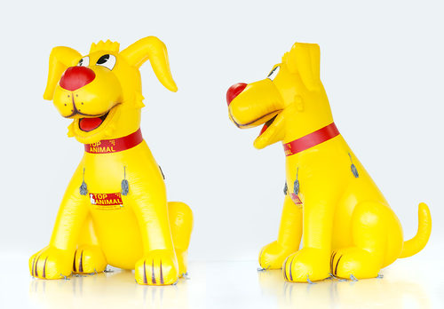 Maatwerk gele hond top animal mascotte kopen. Bestel nu opblaasbare 3D objecten online bij JB Inflatables Nederland