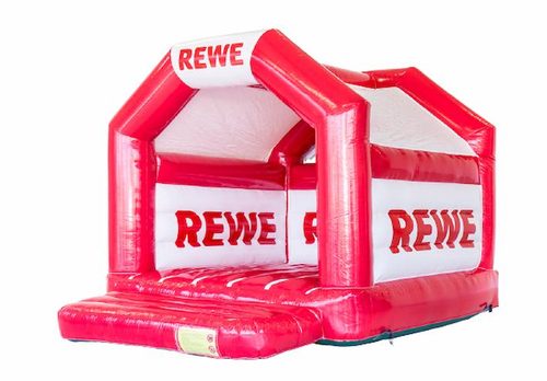 Maatwerk springkussen op aanvraag gemaakt voor REWE volledig in hun eigen huisstijl